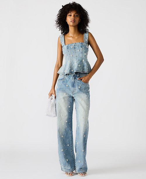 Steve Madden Women's Embellished Denim Fiorella Peplum Top & Fianna Barrel-Leg Jeans Women's Fashion Shoes & Accessories