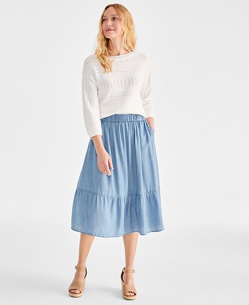 Style & Co Chambray Midi Tiered Skirt Exclusively at Macy's Women's Fashion Shoes & Accessories