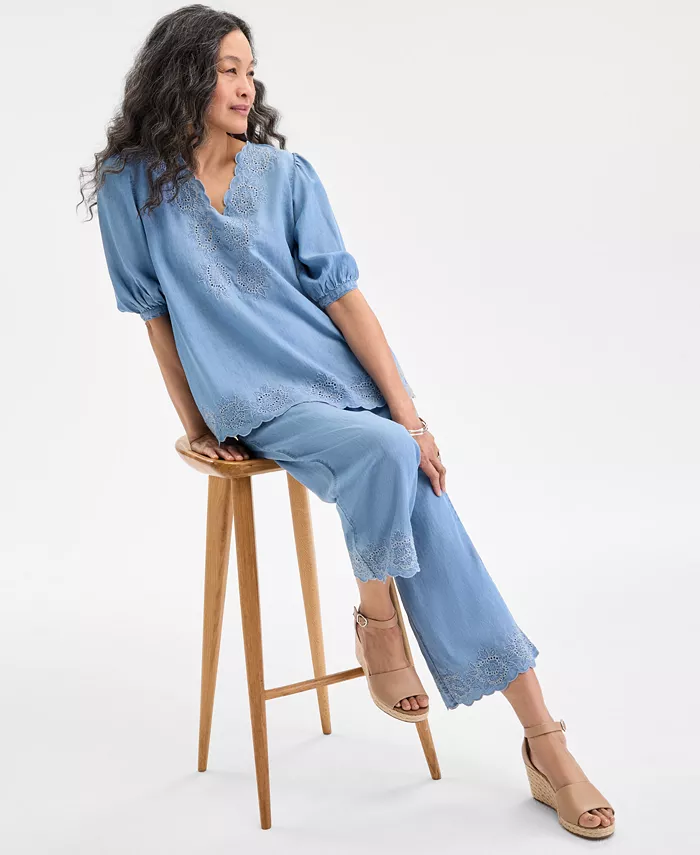 Style & Co Eyelet-Embroidered Top Cropped Pants & Wedge Sandals Exclusively At Macy's Women's Fashion Shoes & Accessories