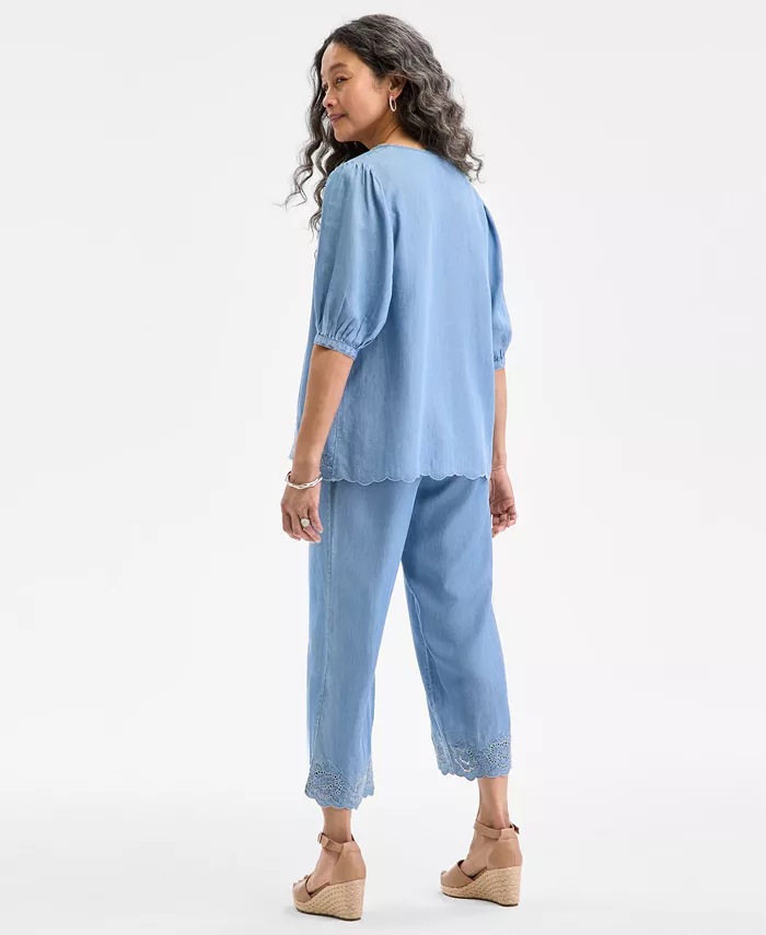 Style & Co Eyelet-Embroidered Top Cropped Pants & Wedge Sandals Exclusively At Macy's Women's Fashion Shoes & Accessories