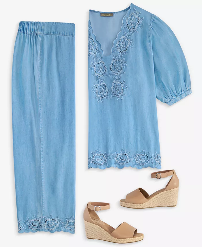 Style & Co Eyelet-Embroidered Top Cropped Pants & Wedge Sandals Exclusively At Macy's Women's Fashion Shoes & Accessories