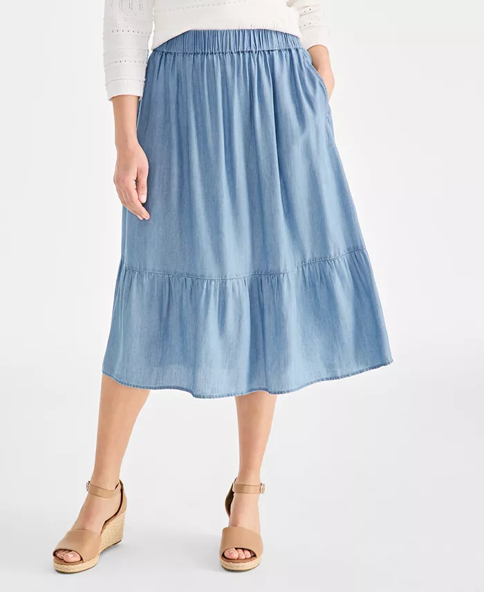 Style & Co Petite Chambray Tiered Midi Skirt Exclusively At Macy's Women's Fashion Shoes & Accessories