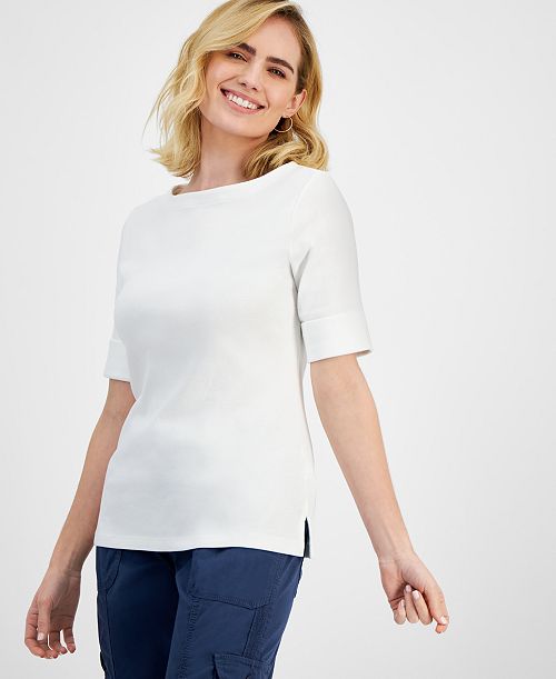 Style & Co Petite Cotton Elbow-Sleeve Boat-Neck Top Exclusively at Macy's Women's Fashion Shoes & Accessories