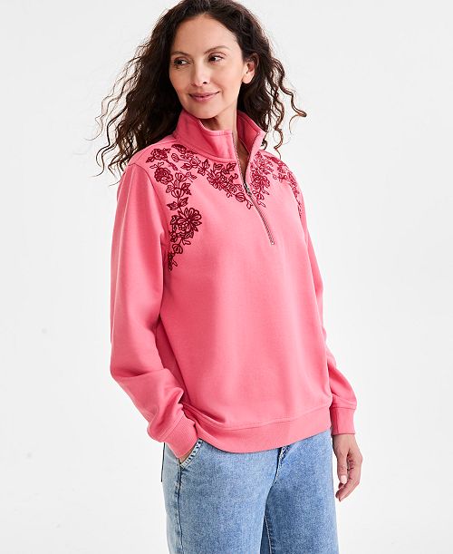 Style & Co Petite Embroidered Fleece Mock-Neck Top Exclusively at Macy's
