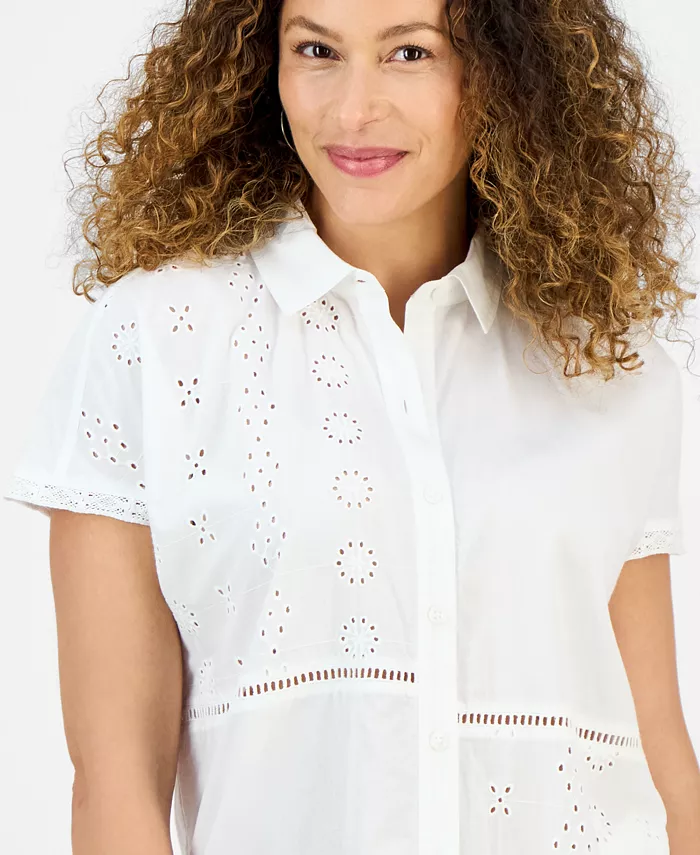 Style & Co Petite Eyelet-Detail Cotton Camp Shirt Exclusively At Macy's Women's Fashion Shoes & Accessories