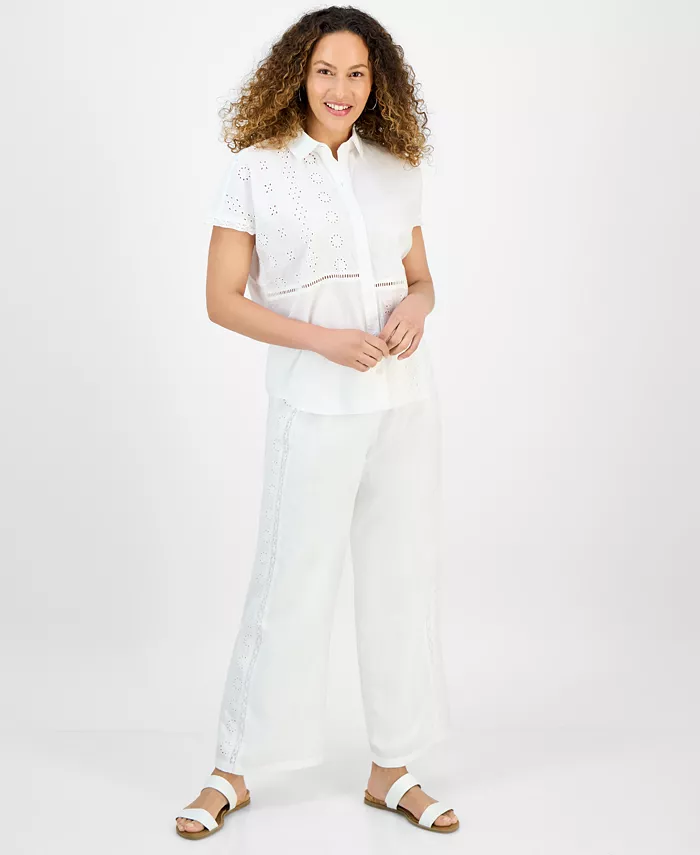 Style & Co Petite Eyelet-Detail Cotton Camp Shirt Exclusively At Macy's Women's Fashion Shoes & Accessories