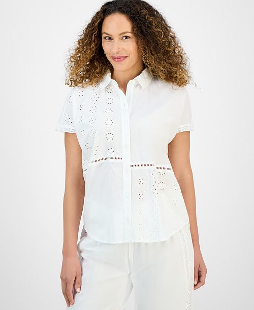 Style & Co Petite Eyelet-Detail Cotton Camp Shirt Exclusively at Macy's Women's Fashion Shoes & Accessories