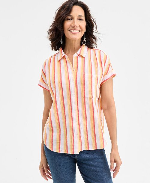 Style & Co Petite Printed Button-Front Cotton Camp Shirt Exclusively at Macy's Women's Fashion Shoes & Accessories