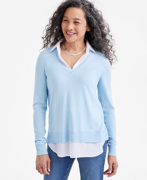 Style & Co Petite Two for One V-Neck Pullover Sweater Created for Macy's Women's Fashion Shoes & Accessories