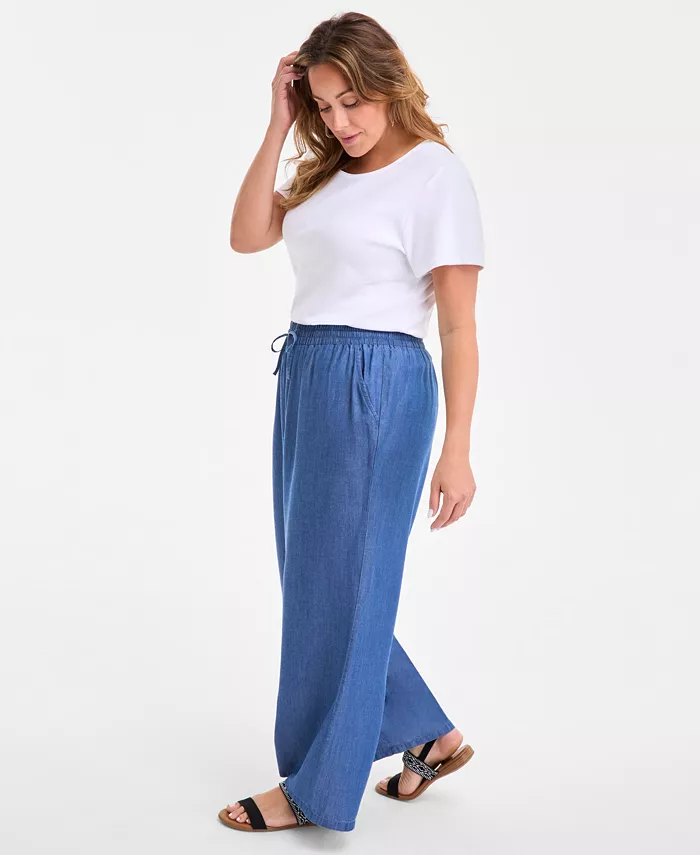 Style & Co Plus Size Chambray Drawstring High-Rise Wide-Leg Pants Exclusively At Macy's Women's Fashion Shoes & Accessories