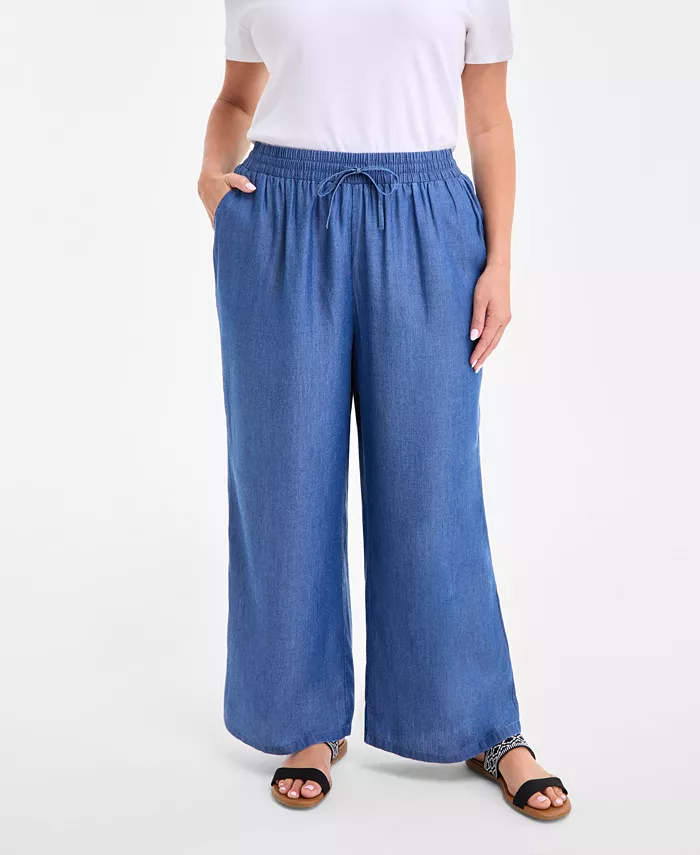 Style & Co Plus Size Chambray Drawstring High-Rise Wide-Leg Pants Exclusively At Macy's Women's Fashion Shoes & Accessories