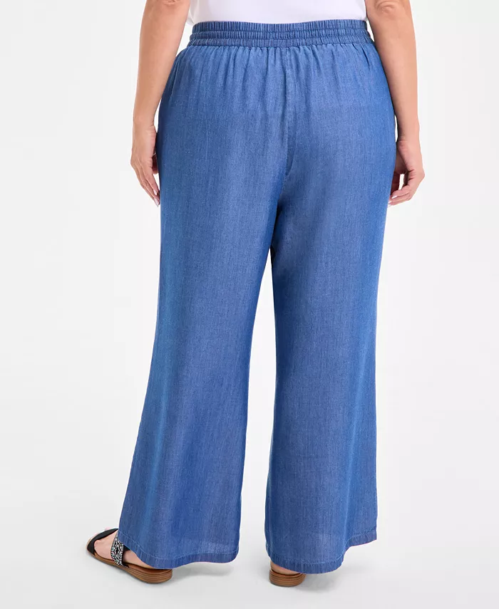 Style & Co Plus Size Chambray Drawstring High-Rise Wide-Leg Pants Exclusively At Macy's Women's Fashion Shoes & Accessories