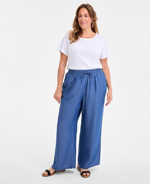 Style & Co Plus Size Chambray Drawstring High-Rise Wide-Leg Pants Exclusively at Macy's Women's Fashion Shoes & Accessories