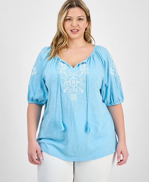 Style & Co Plus Size Embroidered Knit Peasant Top Exclusively at Macy's Women's Fashion Shoes & Accessories