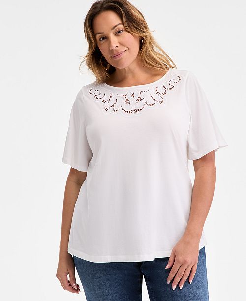 Style & Co Plus Size Eyelet-Yoke T-Shirt Exclusively at Macy's Women's Fashion Shoes & Accessories
