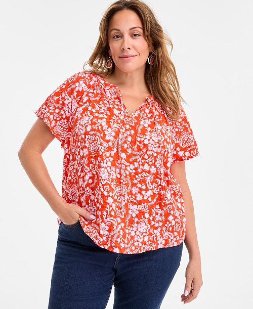 Style & Co Plus Size Printed Flutter-Sleeve Top Exclusively at Macy's Women's Fashion Shoes & Accessories