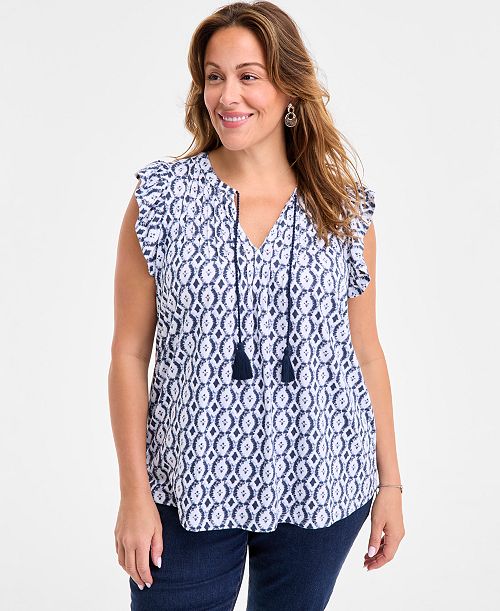 Style & Co Plus Size Printed Ruffle Pintuck Top Exclusively at Macy's Women's Fashion Shoes & Accessories