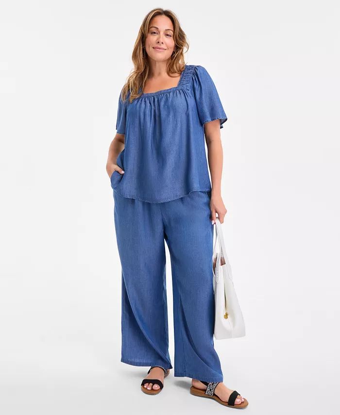 Style & Co Plus Size Smocked-Square-Neck Short-Sleeve Cotton Top Exclusively At Macy's Women's Fashion Shoes & Accessories