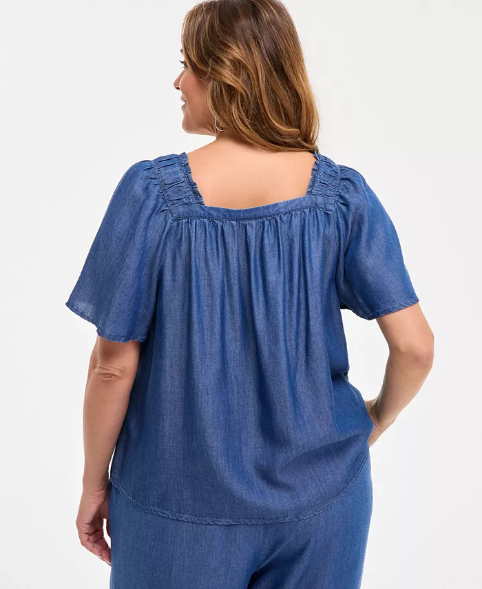 Style & Co Plus Size Smocked-Square-Neck Short-Sleeve Cotton Top Exclusively At Macy's Women's Fashion Shoes & Accessories