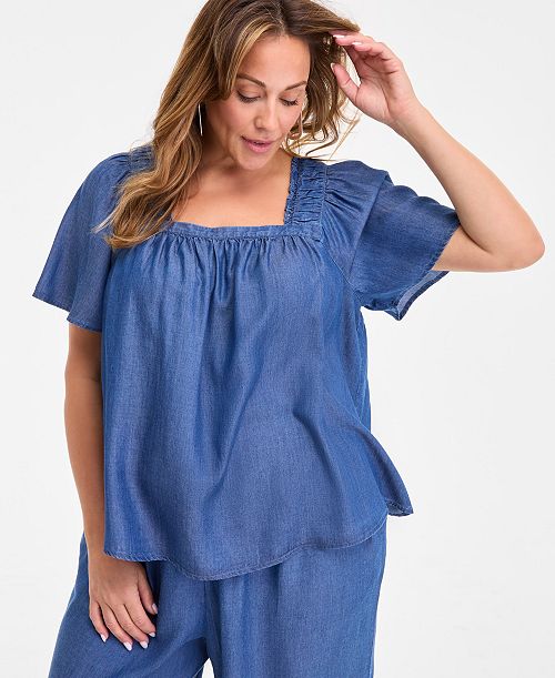 Style & Co Plus Size Smocked-Square-Neck Short-Sleeve Cotton Top Exclusively at Macy's Women's Fashion Shoes & Accessories