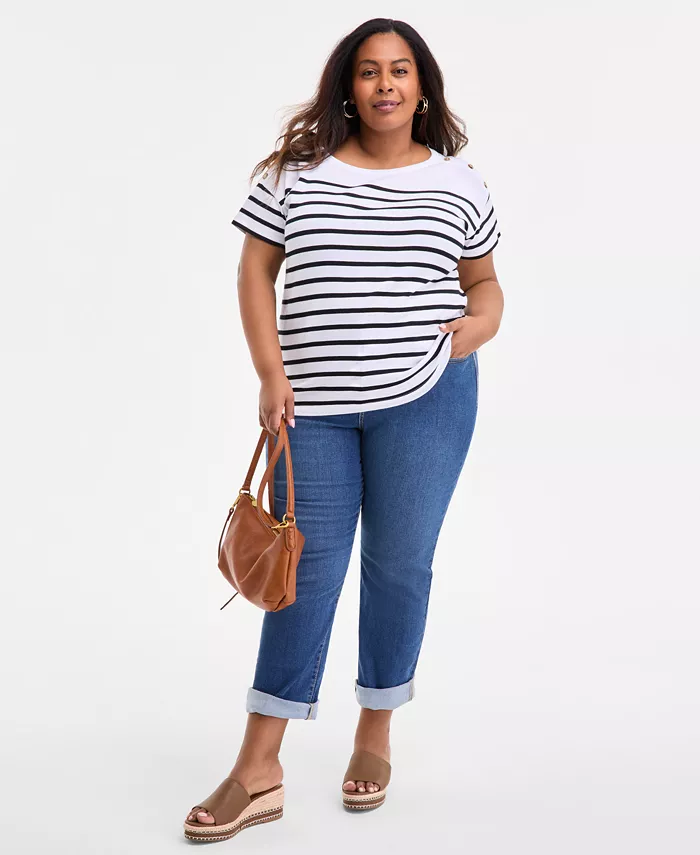 Style & Co Plus Size Stripe Button-Trim T-Shirt Exclusively At Macy's Women's Fashion Shoes & Accessories