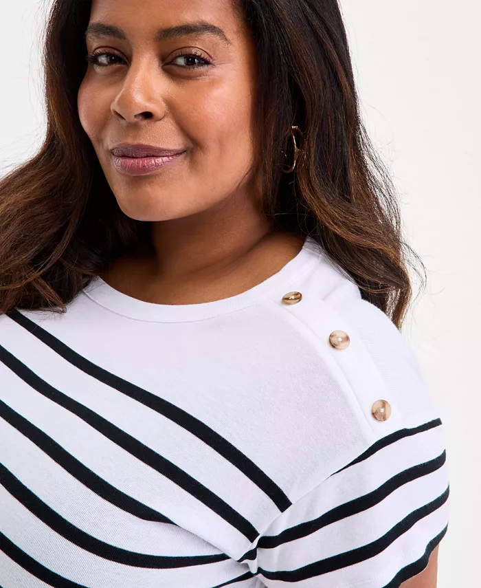 Style & Co Plus Size Stripe Button-Trim T-Shirt Exclusively At Macy's Women's Fashion Shoes & Accessories