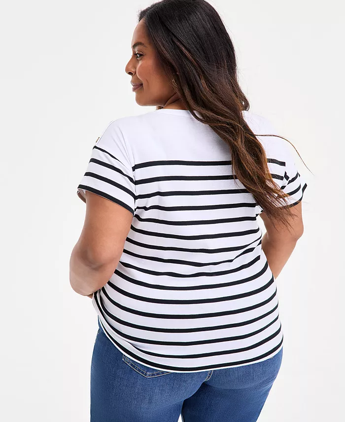 Style & Co Plus Size Stripe Button-Trim T-Shirt Exclusively At Macy's Women's Fashion Shoes & Accessories