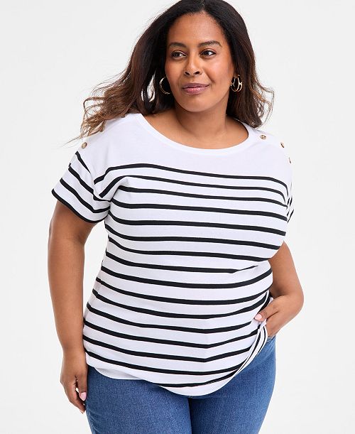 Style & Co Plus Size Stripe Button-Trim T-Shirt Exclusively at Macy's Women's Fashion Shoes & Accessories