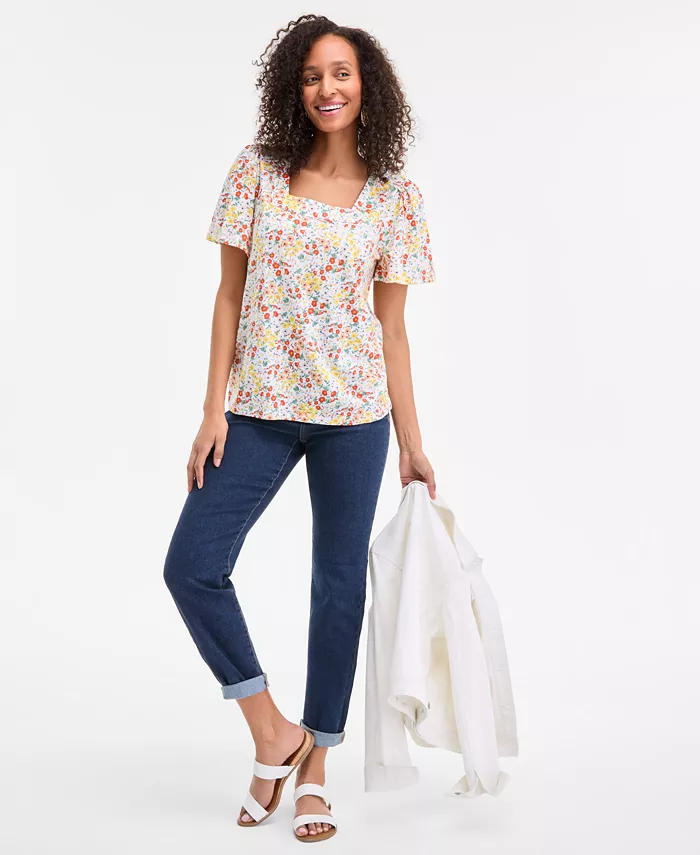 Style & Co Style& Co Women's Printed Square-Neck Flutter-Sleeve Top Exclusively At Macy's Women's Fashion Shoes & Accessories