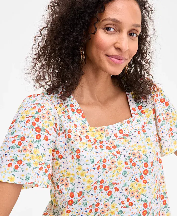 Style & Co Style& Co Women's Printed Square-Neck Flutter-Sleeve Top Exclusively At Macy's Women's Fashion Shoes & Accessories