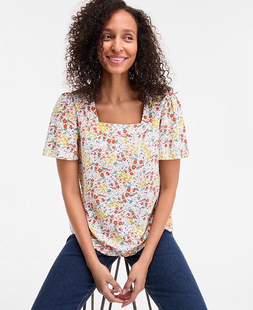 Style & Co Style& Co Women's Printed Square-Neck Flutter-Sleeve Top Exclusively At Macy's Women's Fashion Shoes & Accessories