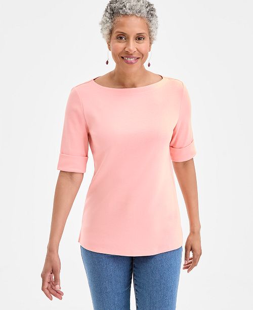 Style & Co Women's Boat-Neck Elbow Sleeve Cotton Top Exclusively at Macy's Women's Fashion Shoes & Accessories