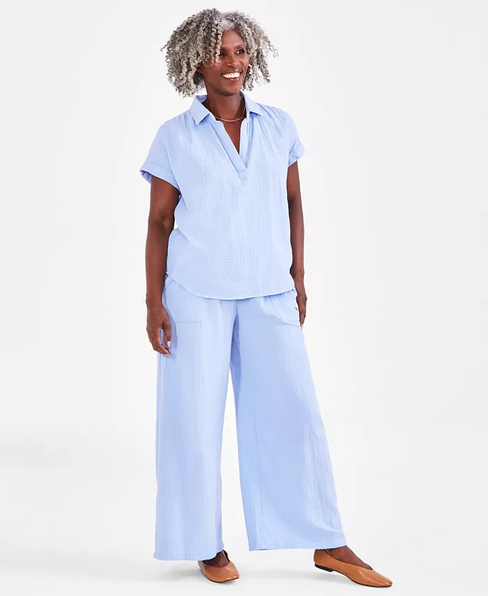 Style & Co Women's Camp Shirt & Gauze Pants Created For Macy's Women's Fashion Shoes & Accessories
