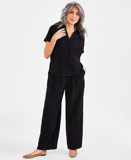 Style & Co Women's Camp Shirt & Gauze Pants Created For Macy's Women's Fashion Shoes & Accessories