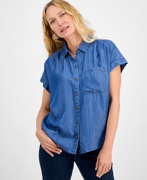 Style & Co Women's Chambray Camp Shirt Exclusively At Macy's Women's Fashion Shoes & Accessories