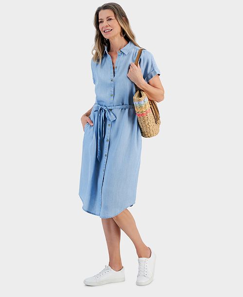 Style & Co Women's Chambray Short-Sleeve Shirt Dress Created for Macy's Women's Fashion Shoes & Accessories