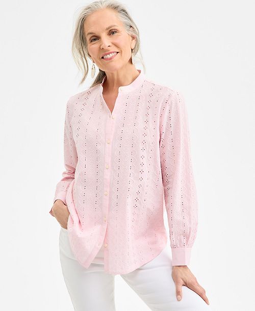 Style & Co Women's Cotton Eyelet-Embroidered Blouse Exclusively at Macy's Women's Fashion Shoes & Accessories