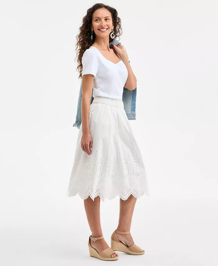Style & Co Women's Cotton Eyelet-Embroidered Midi Skirt Exclusively At Macy's Women's Fashion Shoes & Accessories