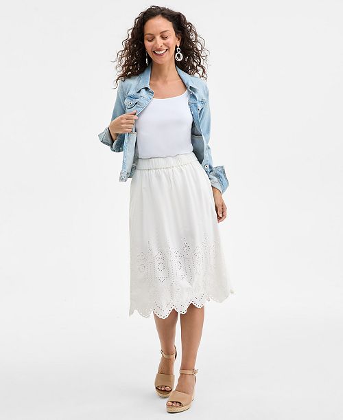 Style & Co Women's Cotton Eyelet-Embroidered Midi Skirt Exclusively at Macy's Women's Fashion Shoes & Accessories