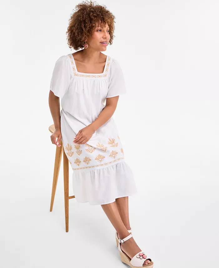 Style & Co Women's Cotton Gauze Embroidered-Trim Square-Neck Midi Dress Exclusively At Macy's Women's Fashion Shoes & Accessories