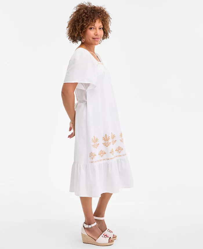 Style & Co Women's Cotton Gauze Embroidered-Trim Square-Neck Midi Dress Exclusively At Macy's Women's Fashion Shoes & Accessories