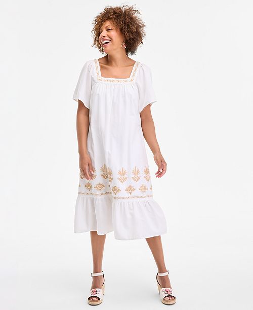 Style & Co Women's Cotton Gauze Embroidered-Trim Square-Neck Midi Dress Exclusively at Macy's Women's Fashion Shoes & Accessories