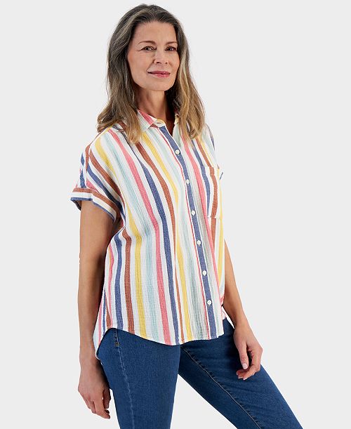 Style & Co Women's Cotton Gauze Short-Sleeve Button Up Shirt Created for Macy's Women's Fashion Shoes & Accessories