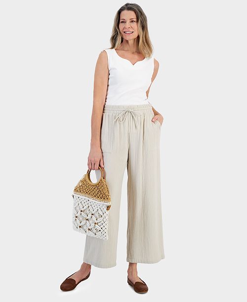 Style & Co Women's Cotton Gauze Wide-Leg Pants Created for Macy's Women's Fashion Shoes & Accessories