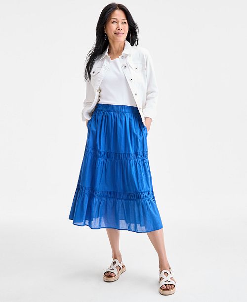 Style & Co Women's Cotton Lace Pull On Tiered Skirt Exclusively at Macy's Women's Fashion Shoes & Accessories