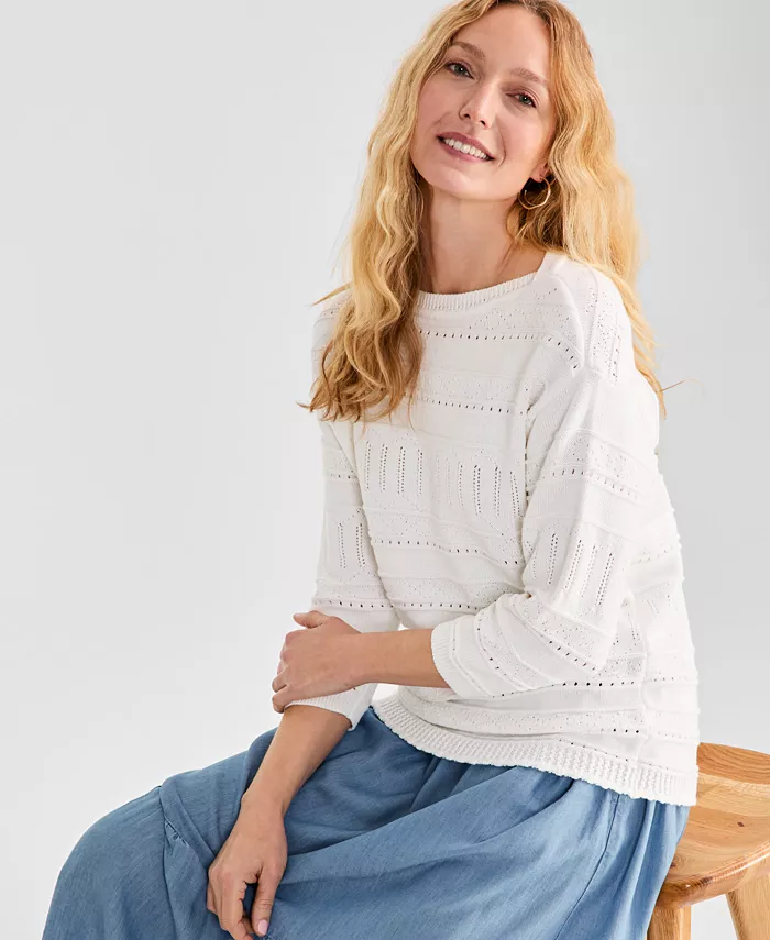 Style & Co Women's Cotton Mixed-Stitch Pointelle Sweater Exclusively At Macy's Women's Fashion Shoes & Accessories