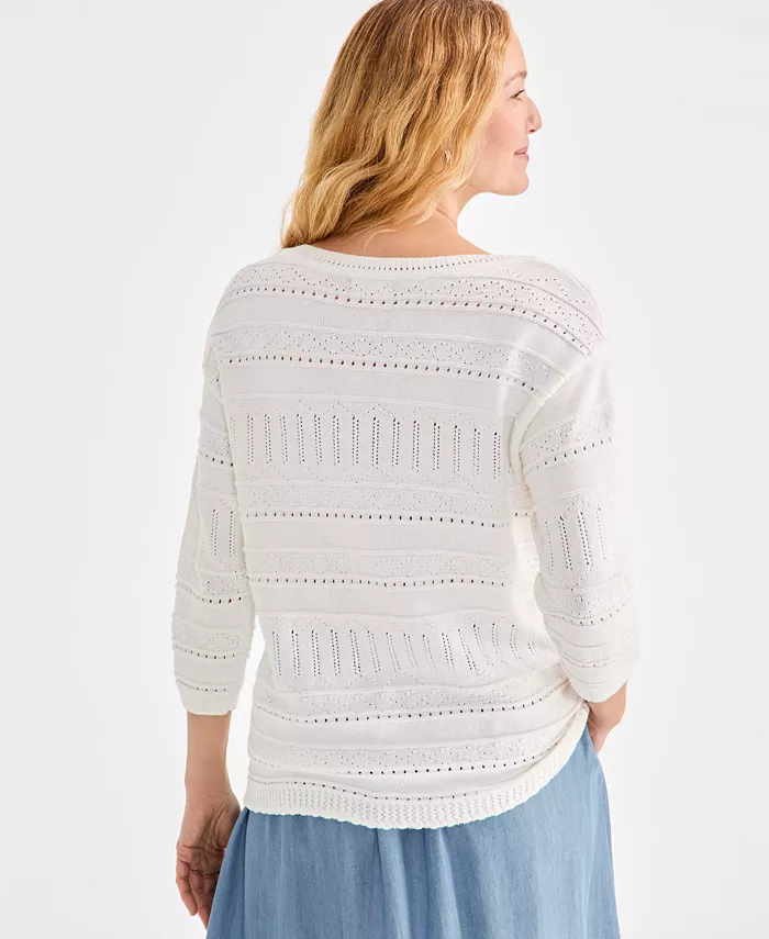 Style & Co Women's Cotton Mixed-Stitch Pointelle Sweater Exclusively At Macy's Women's Fashion Shoes & Accessories