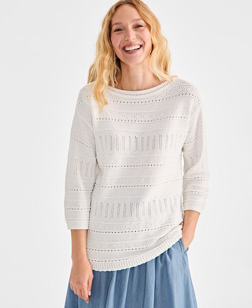 Style & Co Women's Cotton Mixed-Stitch Pointelle Sweater Exclusively at Macy's Women's Fashion Shoes & Accessories
