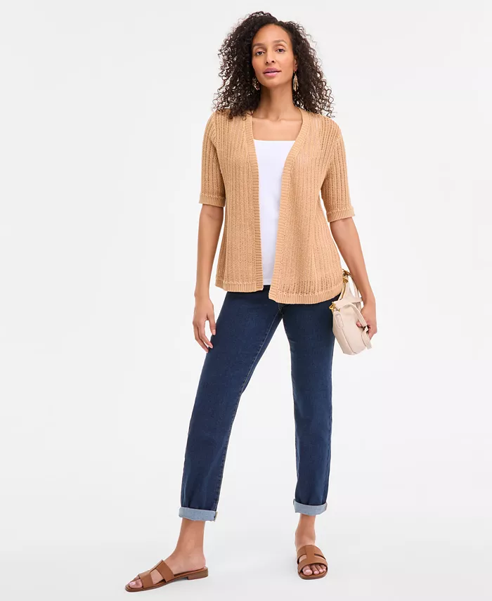 Style & Co Women's Cotton Open-Front Elbow-Sleeve Cardigan Exclusively At Macy's Women's Fashion Shoes & Accessories