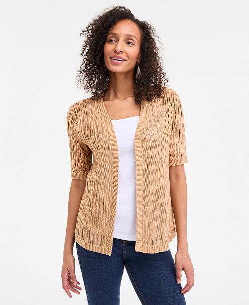 Style & Co Women's Cotton Open-Front Elbow-Sleeve Cardigan Exclusively at Macy's Women's Fashion Shoes & Accessories